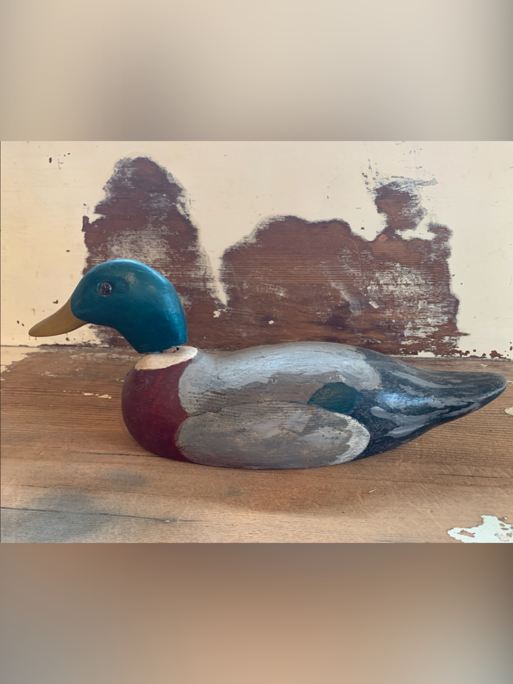 Antique Hand-carved and Painted Teal and Red Wooden Duck float